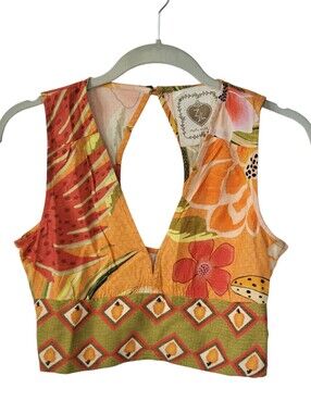 Z&L Europe Delia Tropical V-Neck Cropped Tank Top Cut Out Back Boho S NWOT Indie